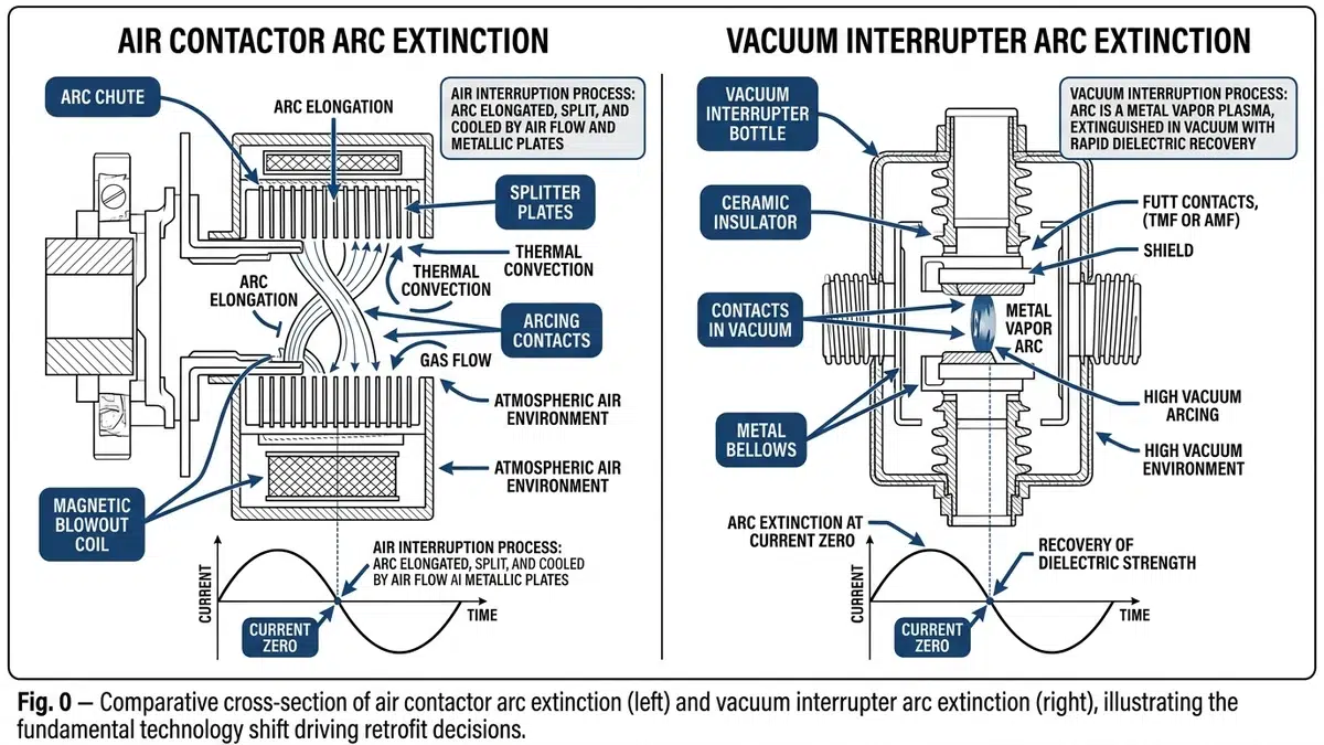 Air contactor to vacuum contactor retrofit layout for MV motor control.