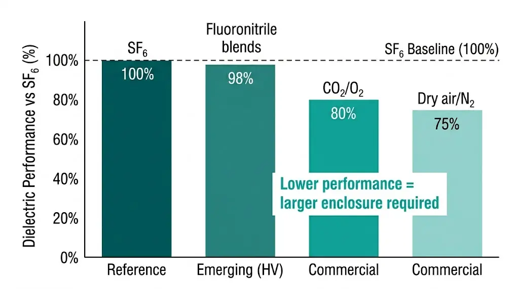 Bar chart showing SF6 alternative dielectric performance with fluoronitrile at 98%, CO2 mixtures at 80%, and dry air at 75% versus SF6 baseline