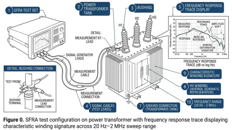 Equipo de prueba SFRA conectado al casquillo del transformador de potencia con traza de respuesta en frecuencia mostrando la firma de diagnóstico del devanado.