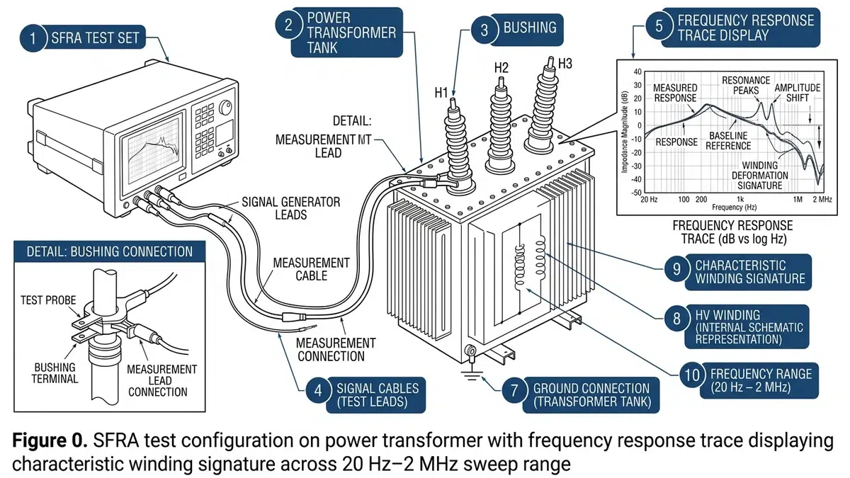 Испытательное оборудование SFRA, подключенное к втулке силового трансформатора, с отображением трассы частотной характеристики, показывающей диагностическую сигнатуру обмотки