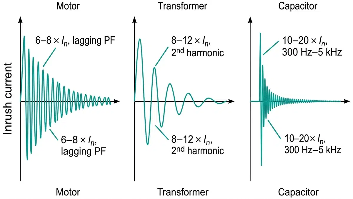Inrush current waveform comparison for motor transformer and capacitor switching duty in MV systems