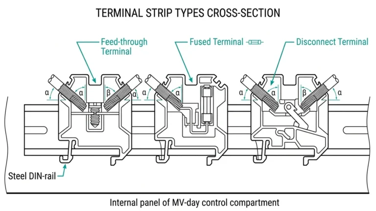 Terminal block and wire duct layout for switchgear control wiring selection.