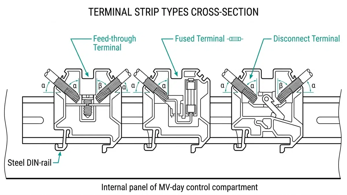 Terminal block and wire duct layout for switchgear control wiring selection.
