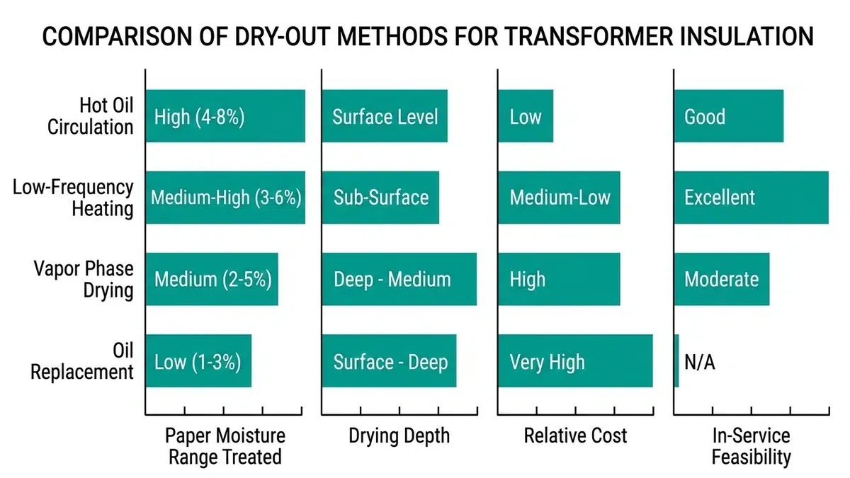 Tableau comparatif des méthodes de séchage des transformateurs, y compris la circulation d'huile chaude, le chauffage à basse fréquence et le séchage en phase vapeur