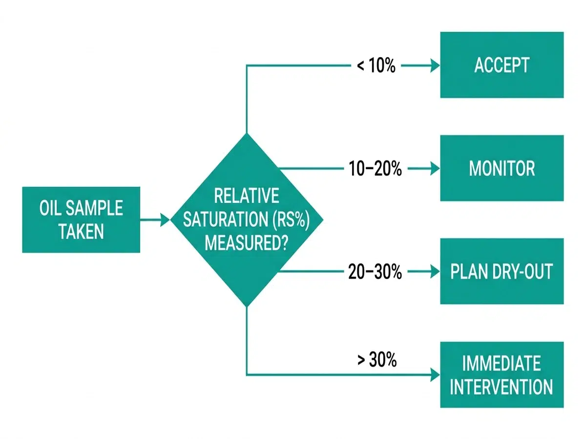 Organigramme de décision pour l'acceptation de la spécification relative à l'humidité des transformateurs sur la base de seuils de pourcentage de saturation relative