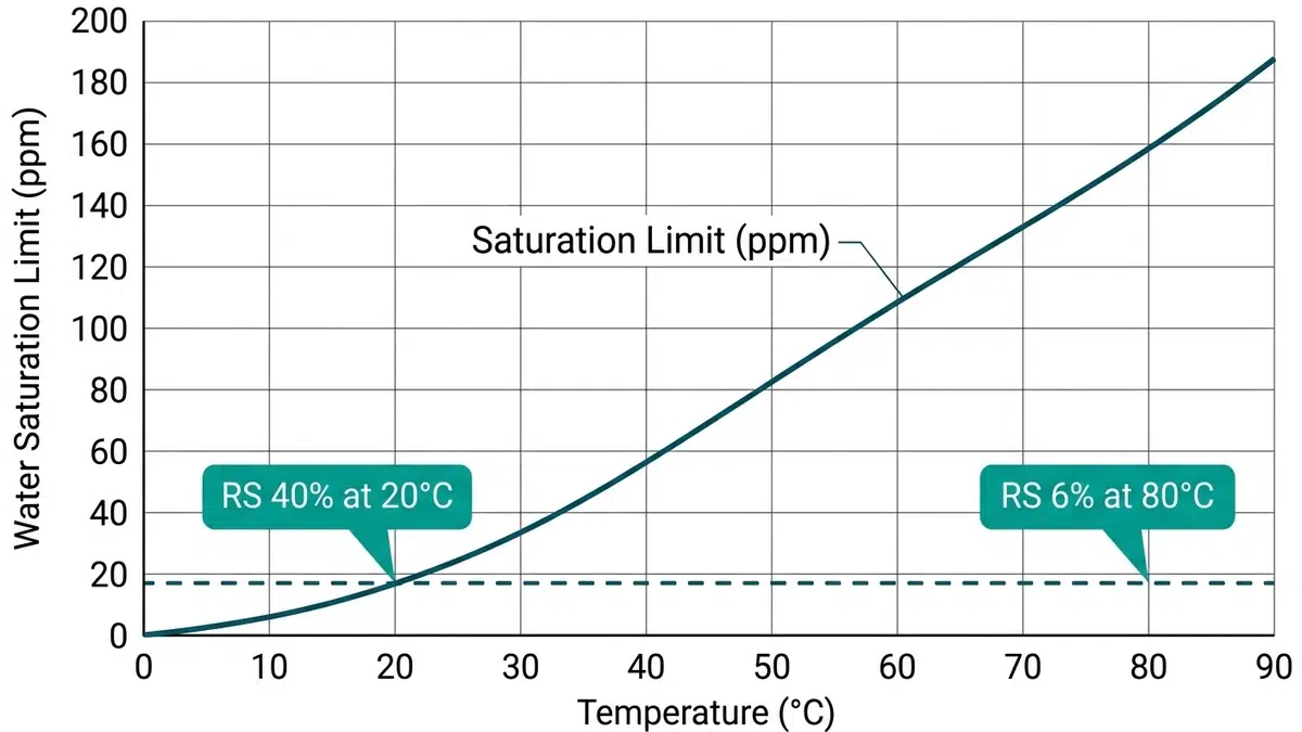 Graphique montrant la limite de saturation en eau de l'huile de transformateur augmentant avec la température, avec 18 ppm marqués à deux points RS%