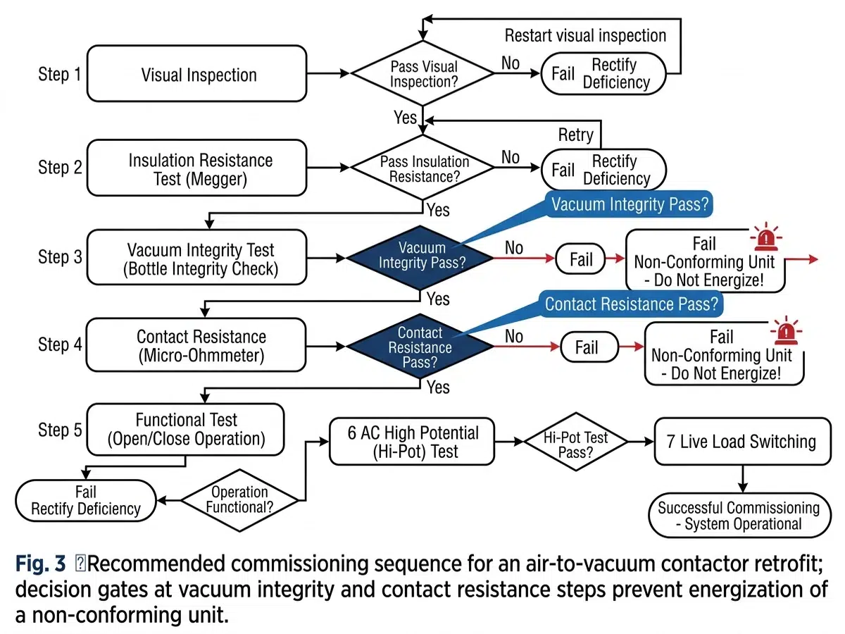 Commissioning sequence flowchart for vacuum contactor retrofit showing seven steps from visual inspection to live load switching with pass-fail decision points