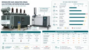 Schéma technique montrant les schémas de défaillance de l'analyse des gaz dissous dans les transformateurs et le flux des décisions de maintenance