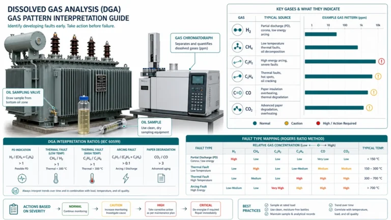 Schéma technique montrant les schémas de défaillance de l'analyse des gaz dissous dans les transformateurs et le flux des décisions de maintenance