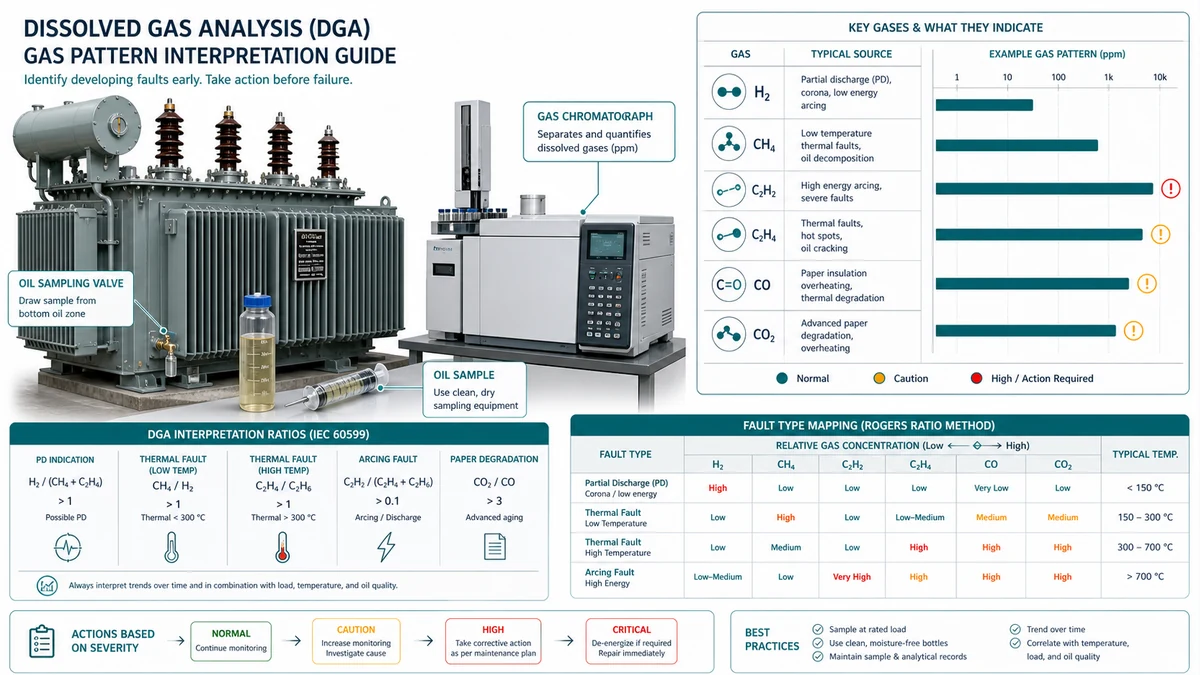 Technical diagram showing transformer dissolved gas analysis fault patterns and maintenance decision flow