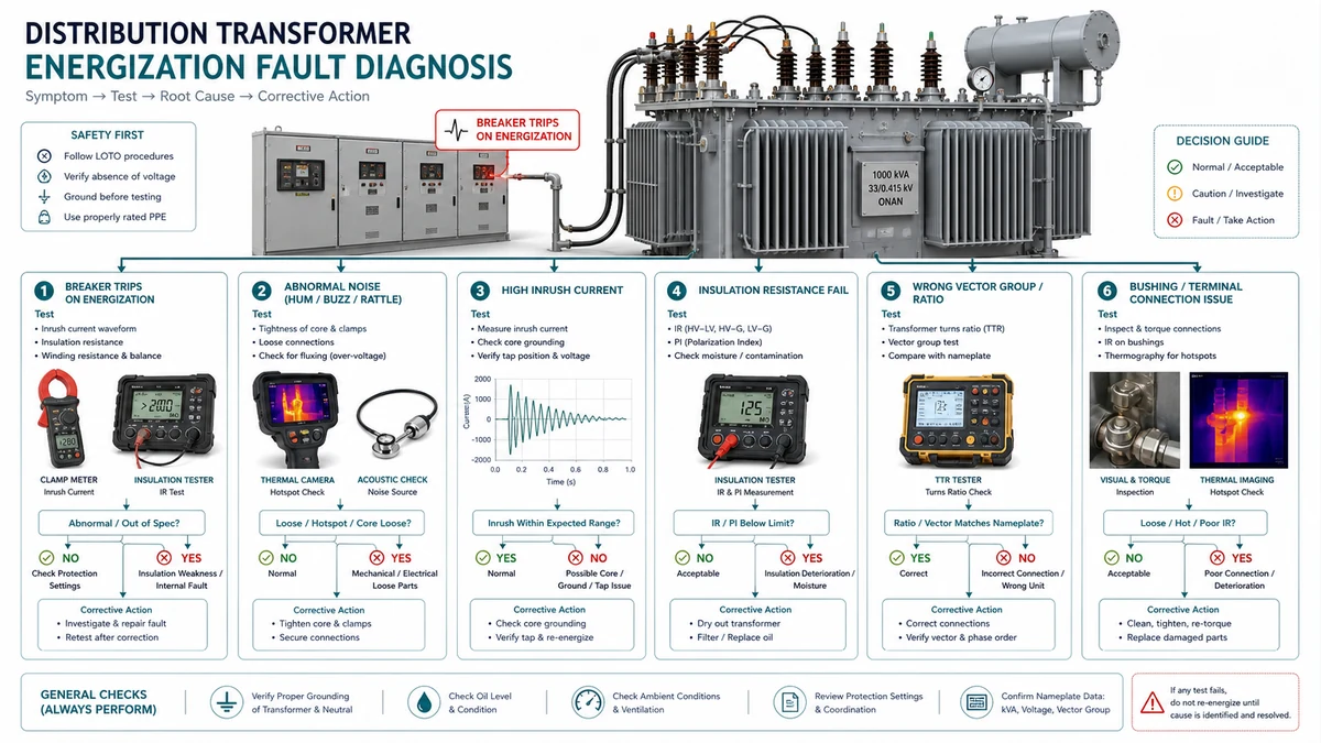 Diagrama de diagnóstico de falhas na energização de transformadores, mostrando verificações de disparo de relés, corrente de irrupção, desequilíbrio de tensão e alarme de óleo