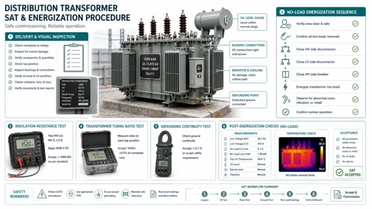 Ilustração técnica do fluxo de trabalho de energização de um transformador de distribuição SAT, incluindo etapas de inspeção, testes, verificações de proteção e energização