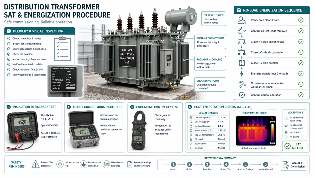 Ilustração técnica do fluxo de trabalho de energização de um transformador de distribuição SAT, incluindo etapas de inspeção, testes, verificações de proteção e energização