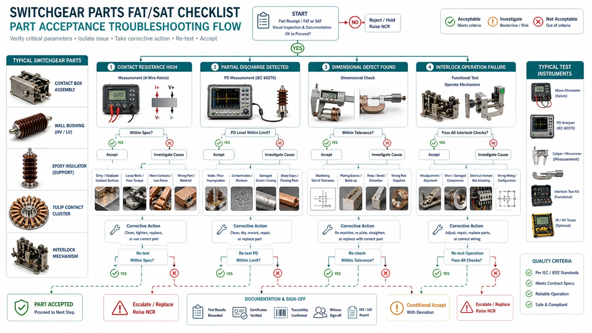 Switchgear parts FAT and SAT quick diagnosis flowchart linking common failure symptoms to first tests and next actions