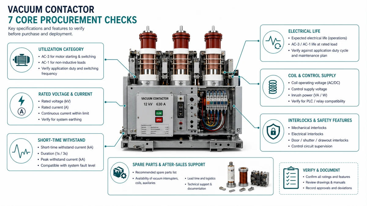 Overview diagram of the seven core areas in a vacuum contactor procurement checklist