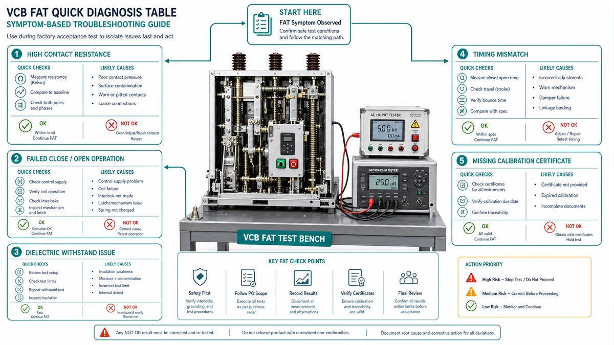 Visual troubleshooting flow for common VCB FAT symptoms including contact resistance, dielectric failure, timing deviation, and missing certificates