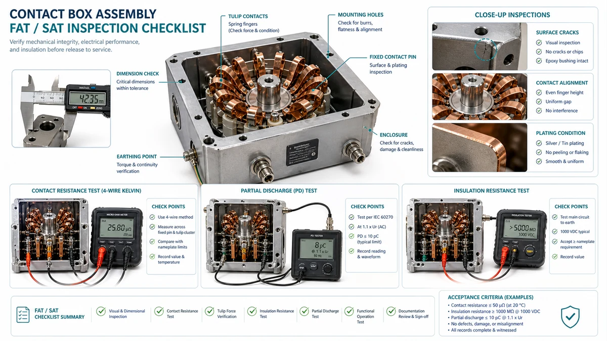 Technical illustration of switchgear contact box FAT and SAT inspection with micro-ohmmeter, spring force check, and thermal scan