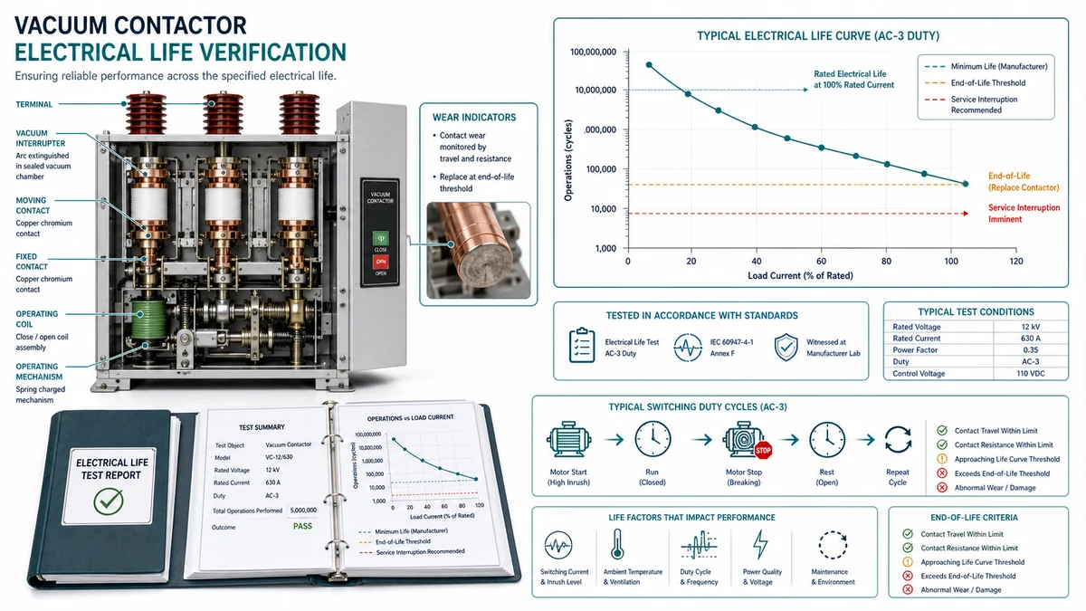 Technical diagram showing electrical life verification for a vacuum contactor using test reports, current ratio derating, and incoming inspection checks