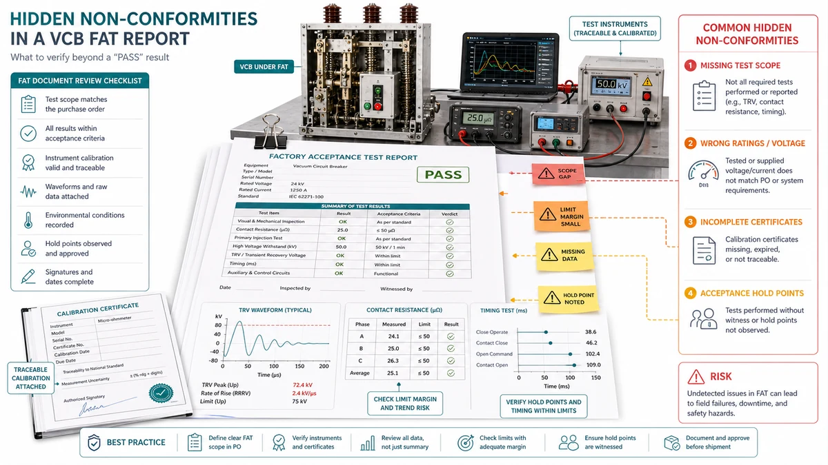 Engineering illustration of a VCB FAT report audit showing margin calculation, inter-pole timing scatter, and calibration certificate checks
