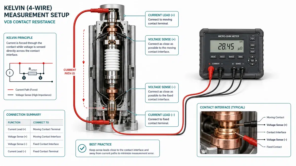Four-wire Kelvin connection setup for measuring VCB contact resistance on one pole