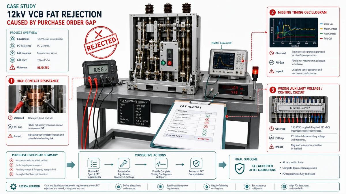 Diagram of a 12 kV VCB FAT rejection case linking high contact resistance, coil voltage mismatch, and wrong endurance class to purchase-order omissions