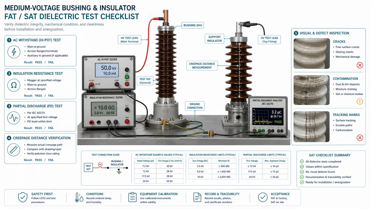 Technical diagram of switchgear bushing and insulator acceptance tests including IR, PI, tan delta, hi-pot, and partial discharge