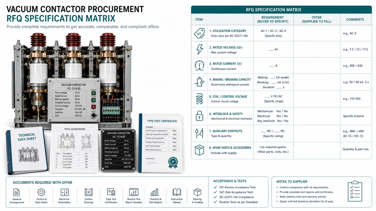 Specification matrix for vacuum contactor RFQ inputs including utilization category, voltage, current, insulation, environment, and certifications