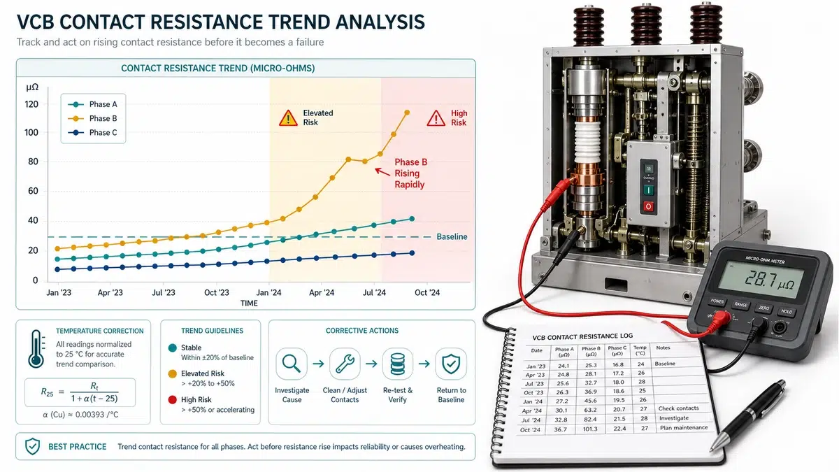 Trend chart comparing three VCB phase resistance readings with one phase diverging upward