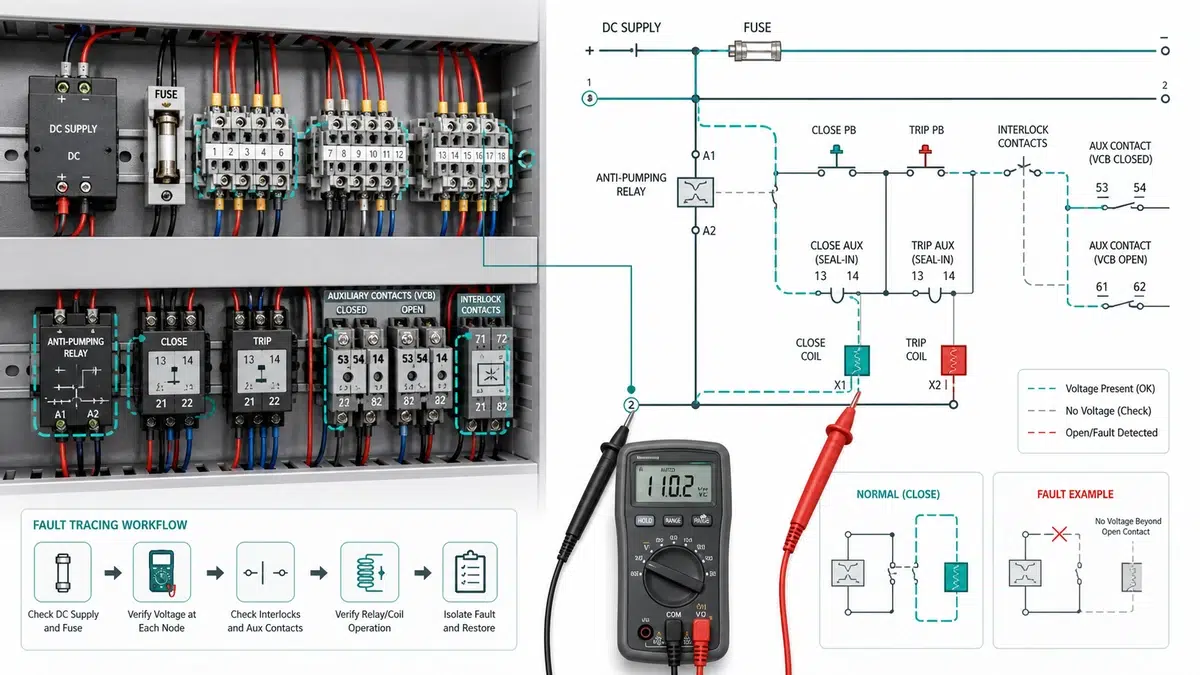 Diagrama de localización de averías en el circuito de control secundario del VCB