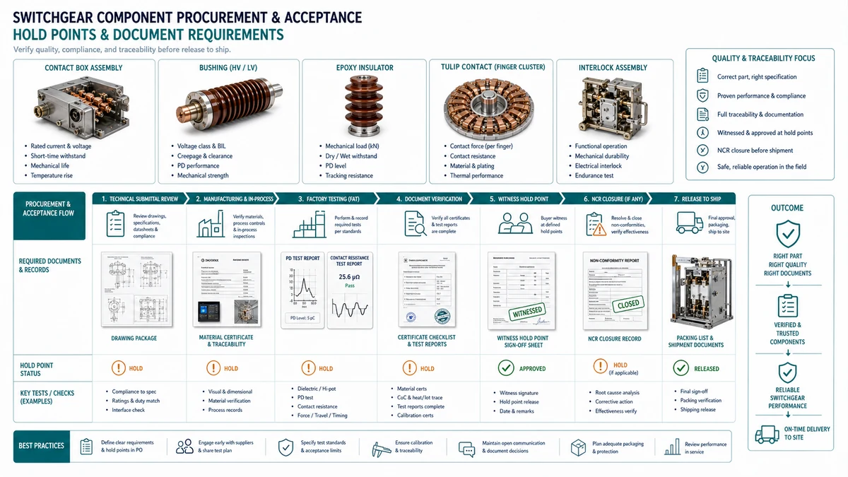 Technical procurement checklist illustration for verified switchgear components with certificates, drawings, interlock match, and standards review