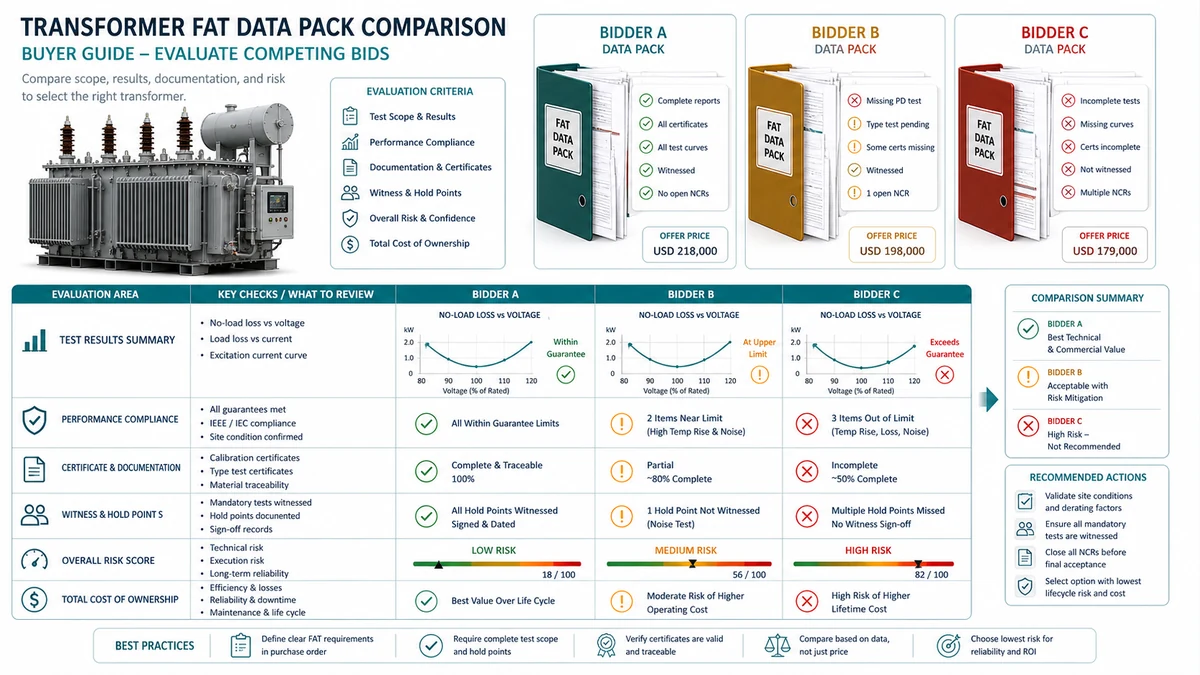 Painel de comparação para avaliar pacotes de dados de testes de aceitação de campo (FAT) de transformadores em propostas concorrentes