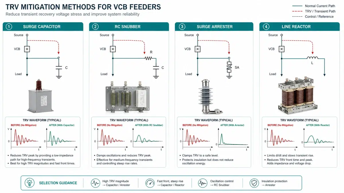 सर्ज़ कैपेसिटर और आरसी स्नबर सहित 12kV और 24kV VCBs के लिए TRV दमन विधियों की तुलना