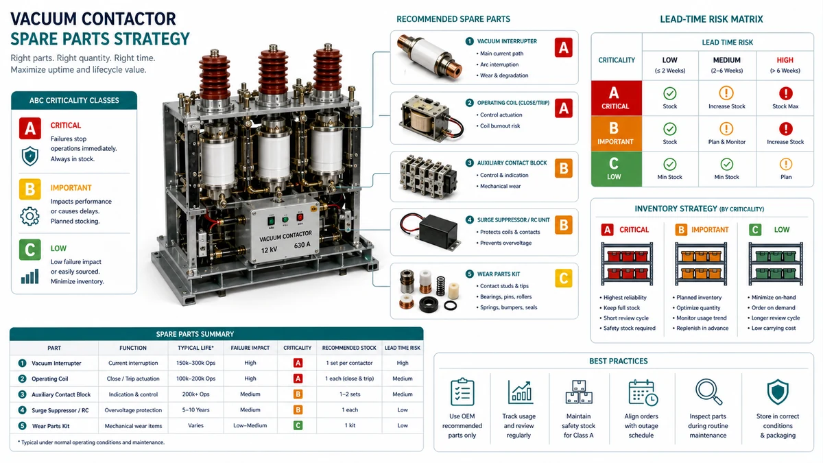 Spare-parts planning diagram for vacuum contactors showing ABC criticality classes, lead time risk, and stocking recommendations