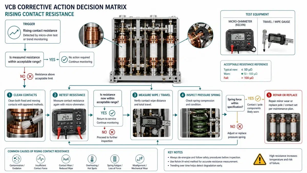 Decision flow for VCB corrective action based on resistance level, trend rate, and field condition