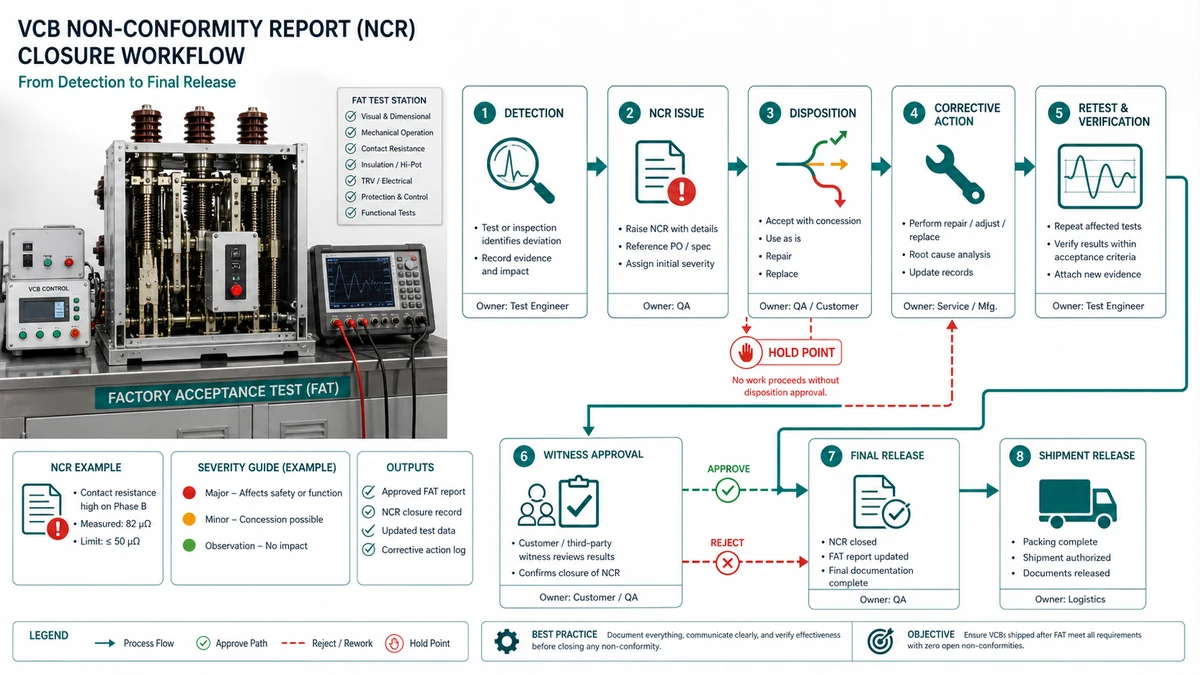 Workflow diagram for VCB NCR management showing detection, disposition, rework and retest, and final closure sign-off