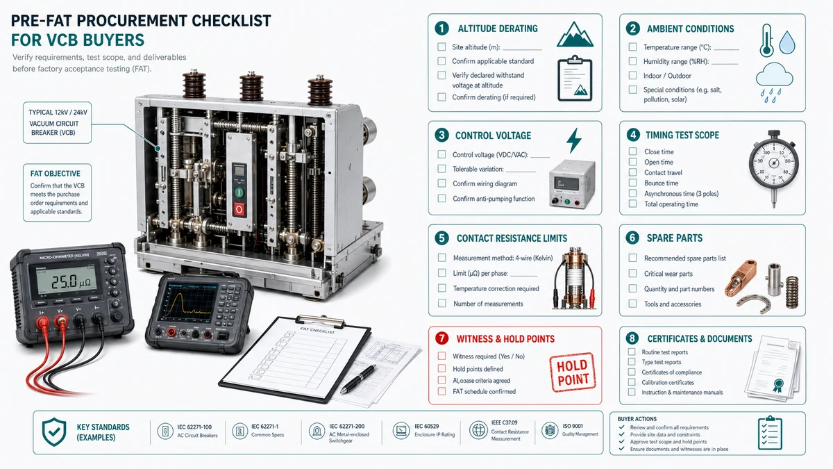 Pre-FAT procurement checklist illustration for altitude, humidity, endurance class, control voltage, and supplier document review