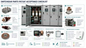 Technical illustration of switchgear parts FAT and SAT acceptance testing workflow with contact box, bushing, insulator, and interlock checks