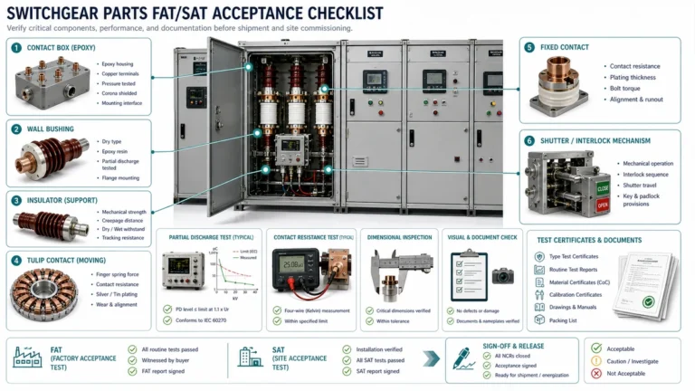 Technical illustration of switchgear parts FAT and SAT acceptance testing workflow with contact box, bushing, insulator, and interlock checks