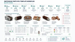Technical illustration of a switchgear parts RFQ template with material specs, partial discharge limits, plating requirements, and traceability checkpoints