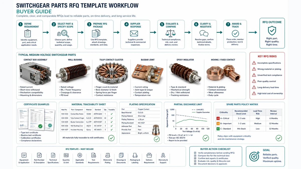 Technical illustration of a switchgear parts RFQ template with material specs, partial discharge limits, plating requirements, and traceability checkpoints