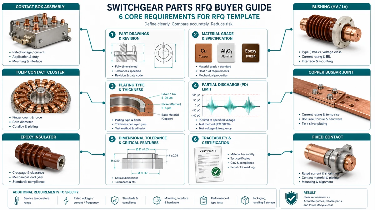 Diagram of the six core requirement blocks in a switchgear parts RFQ template