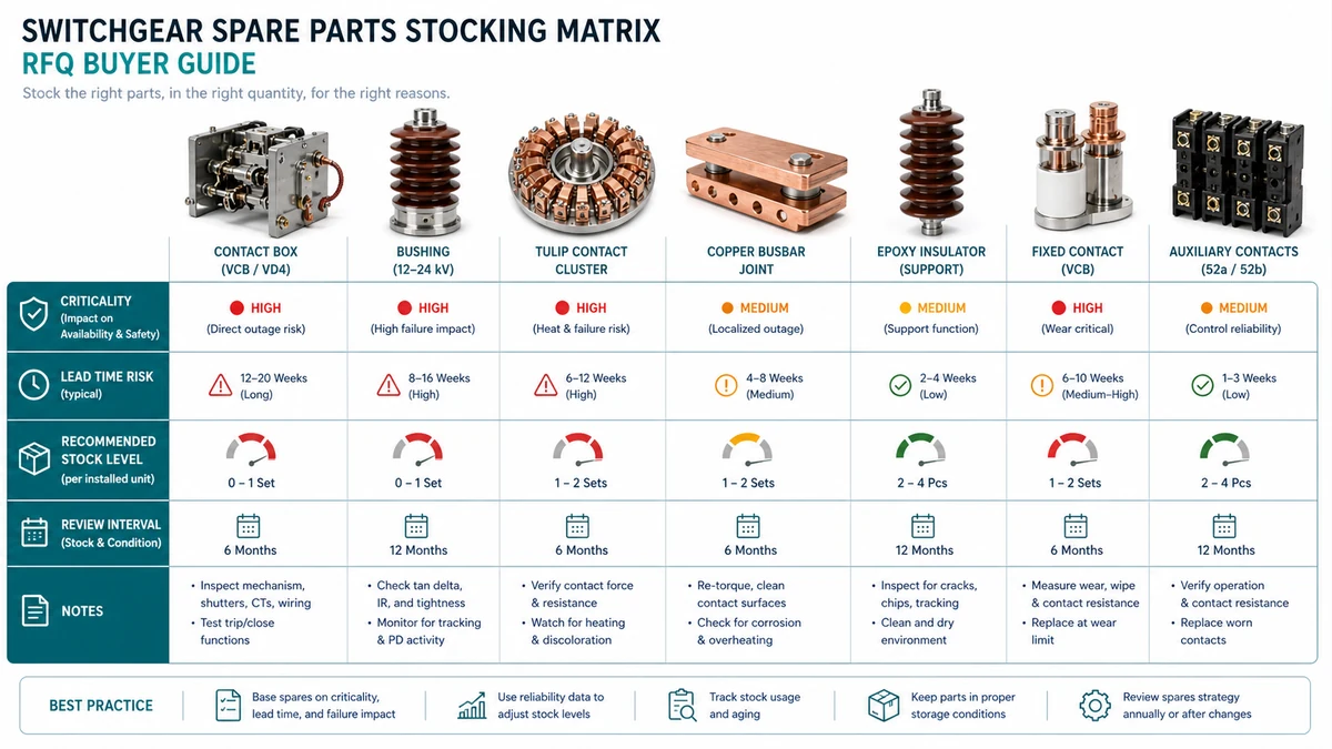 Buyer-side stock policy matrix for switchgear spare parts based on failure consequence and lead time