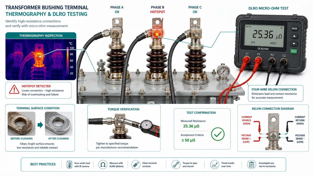 Infrared thermography and low-resistance testing of transformer terminal connections