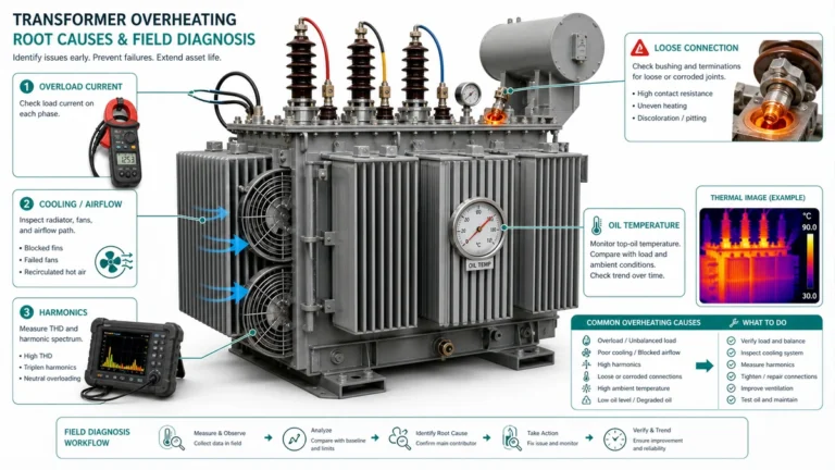 Illustration technique du diagnostic de surchauffe d'un transformateur montrant la charge, le refroidissement, les harmoniques et les défauts de connexion.