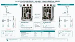 Technical illustration of TRV duty matching for 12kV and 24kV vacuum circuit breakers on industrial feeders