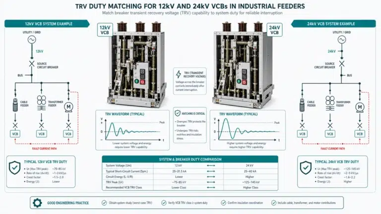 औद्योगिक फीडरों पर 12kV और 24kV वैक्यूम सर्किट ब्रेकर्स के लिए TRV ड्यूटी मिलान का तकनीकी चित्रण