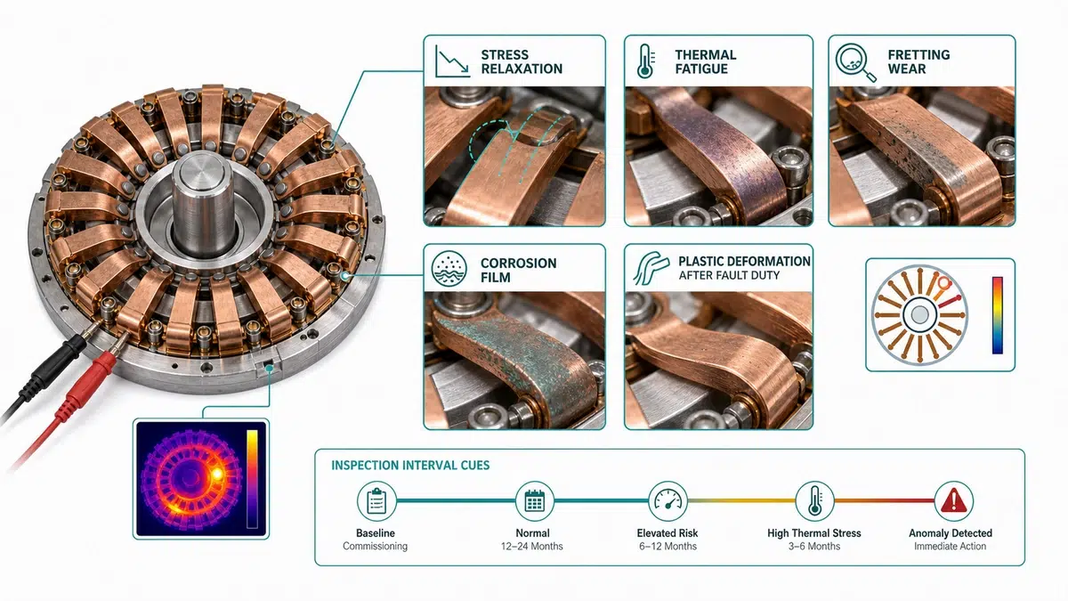 Technical diagram showing tulip contact spring degradation mechanisms such as stress relaxation, thermal fatigue, corrosion, and fretting wear with inspection interval cues