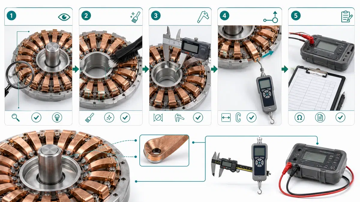 Step-by-step technical illustration of measuring individual tulip contact finger spring force with a pull gauge and checking gap with a feeler gauge