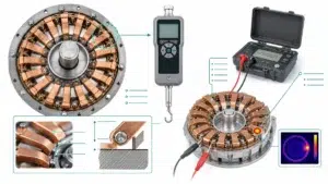 Technical illustration of a tulip contact spring force verification test on switchgear contact fingers with a pull gauge