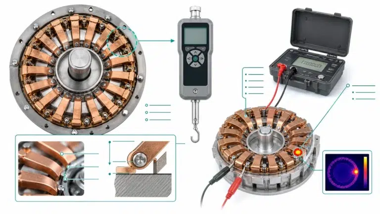 Technical illustration of a tulip contact spring force verification test on switchgear contact fingers with a pull gauge